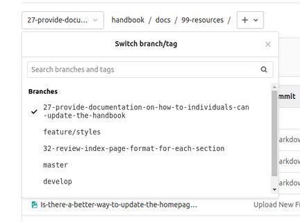 Screenshot of the "switch branch/tag" menu expanded showing a list of the available branches with a tick beside the current one